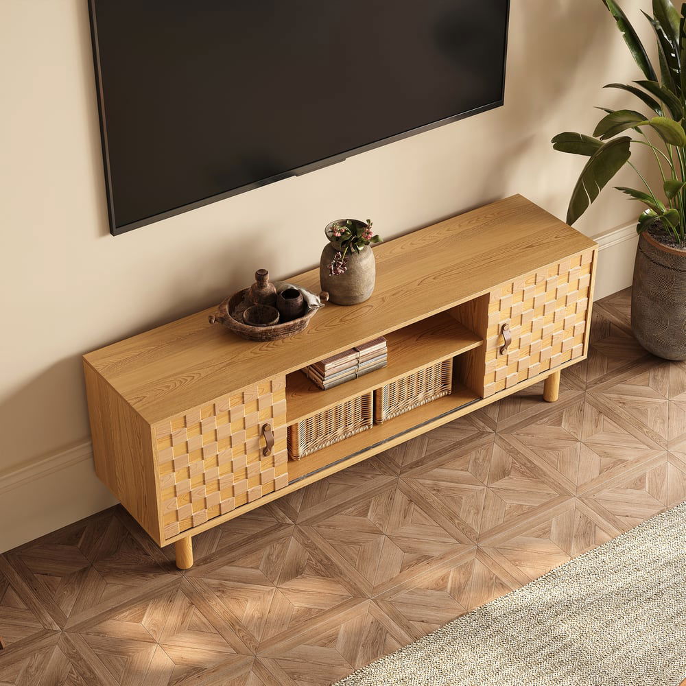 1580mm Natural Wood Mid Century TV Stand with Storage - 