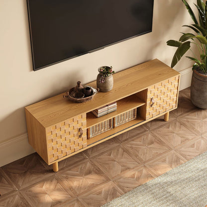 1580mm Natural Wood Mid Century TV Stand with Storage - 