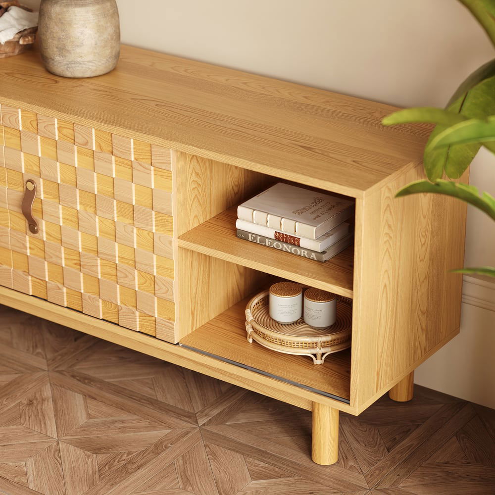 1580mm Natural Wood Mid Century TV Stand with Storage - Approved By Design