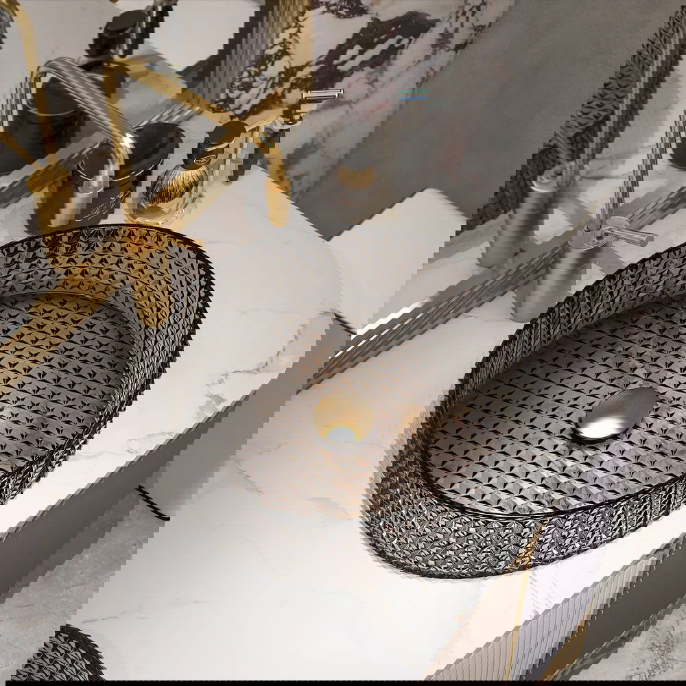 15" Vessel Transparent Diamond Shaped Crystal Glass Bathroom Wash Sink in Black - 