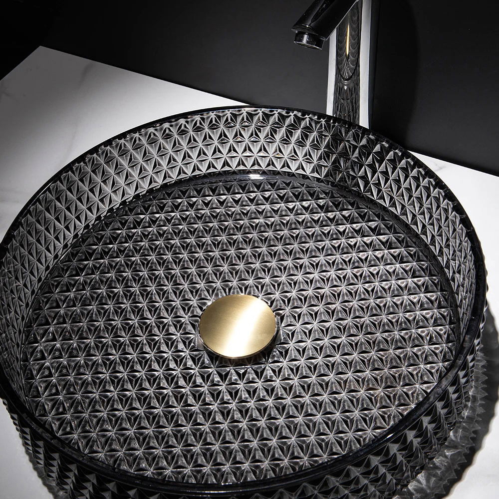 15" Vessel Transparent Diamond Shaped Crystal Glass Bathroom Wash Sink in Black - 