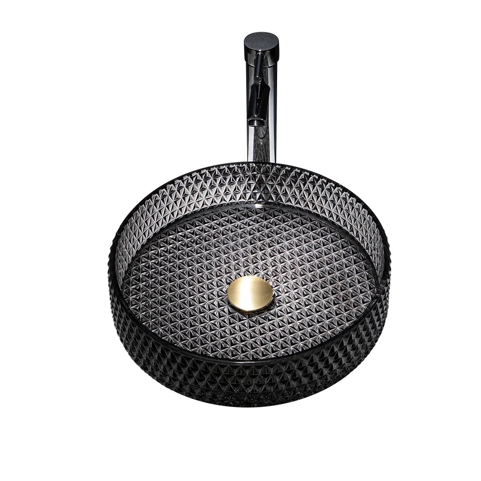 15" Vessel Transparent Diamond Shaped Crystal Glass Bathroom Wash Sink in Black - 