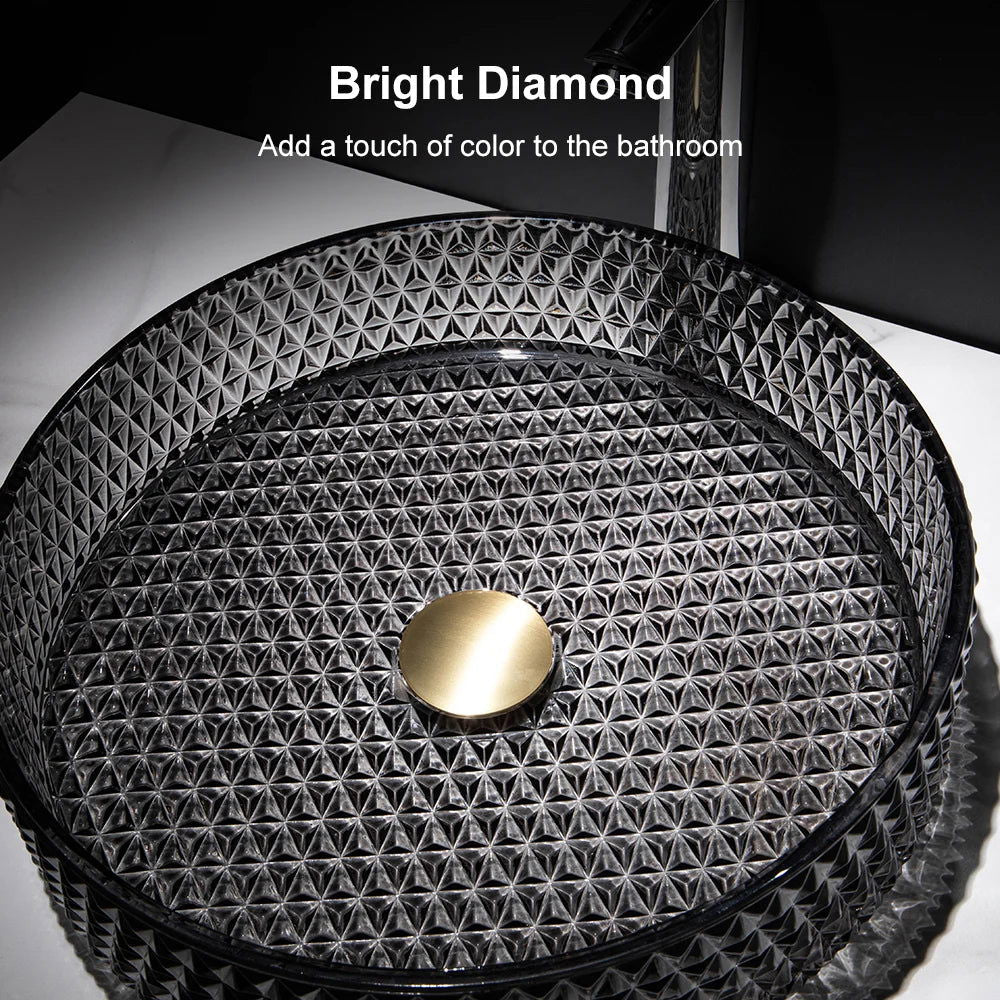 15" Vessel Transparent Diamond Shaped Crystal Glass Bathroom Wash Sink in Black - 