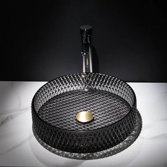 15" Vessel Transparent Diamond Shaped Crystal Glass Bathroom Wash Sink in Black - Homary