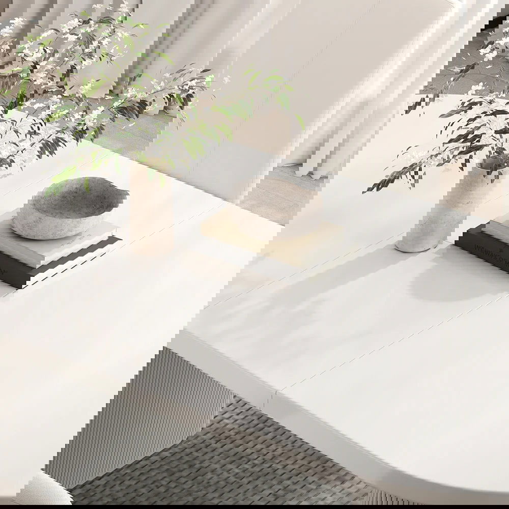 1600mm-2000mm Oval Extendable White Dining Table & 6 White PU Leather Dining Chairs - 