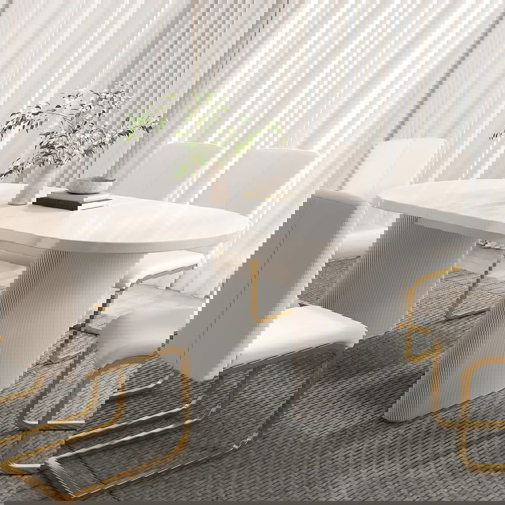 1600mm-2000mm Oval Extendable White Dining Table & 6 White PU Leather Dining Chairs - 