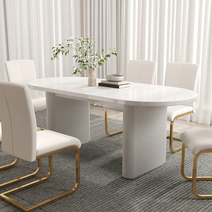 1600mm-2000mm Oval Extendable White Dining Table & 6 White PU Leather Dining Chairs - 