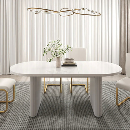 1600mm-2000mm Oval Extendable White Dining Table & 6 White PU Leather Dining Chairs - Homary