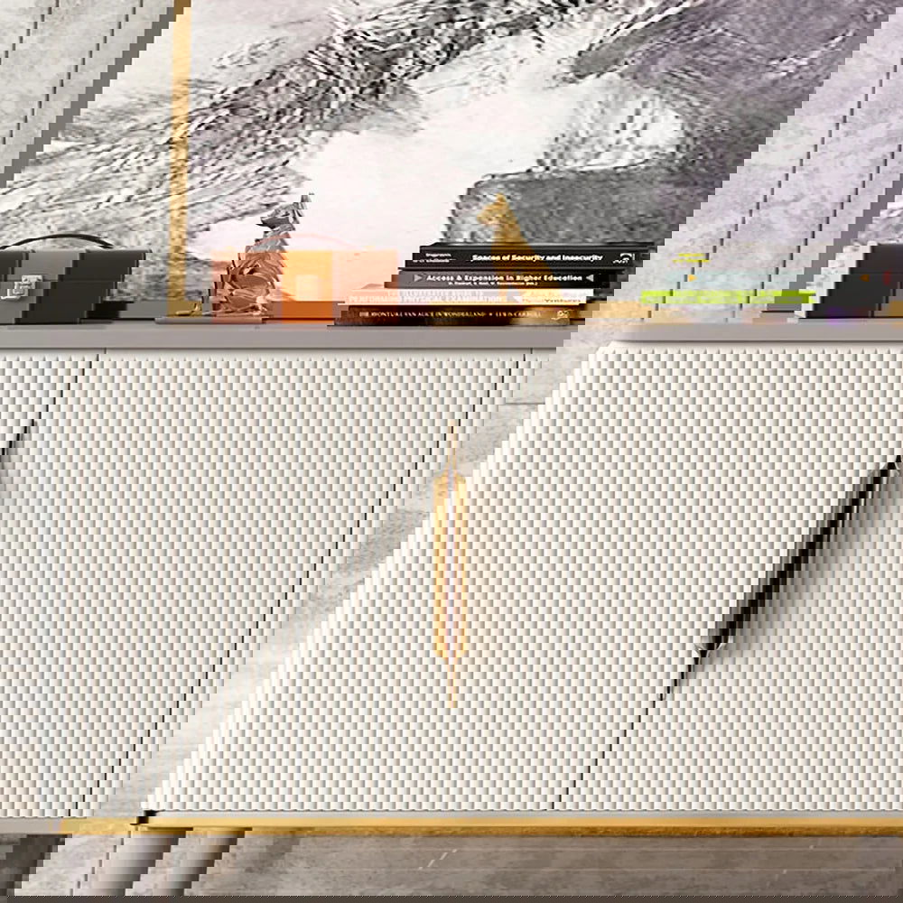 1600mm Off White Contemporary TV Stand 4 Doors & 4 Shelves Media Cabinet in Small - 