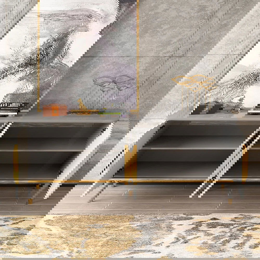 1600mm Off White Contemporary TV Stand 4 Doors & 4 Shelves Media Cabinet in Small - 