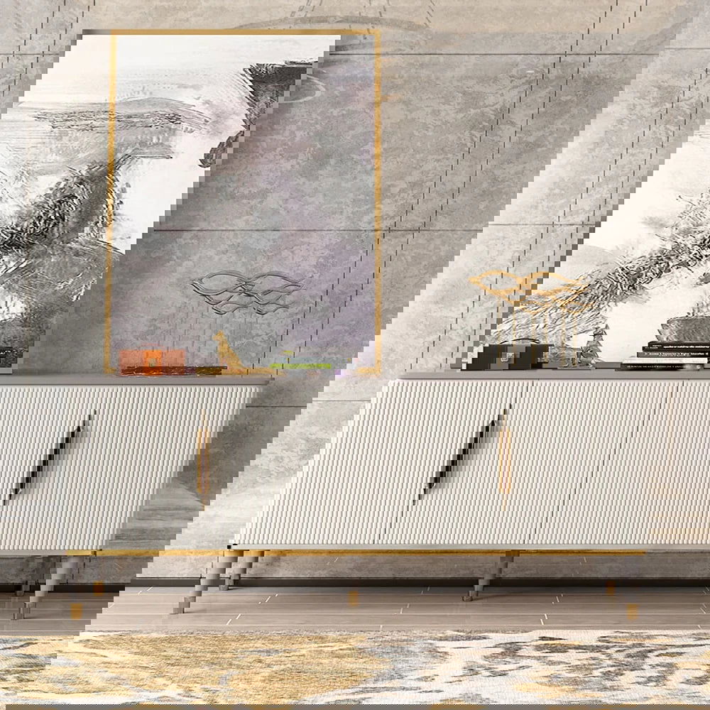 1600mm Off White Contemporary TV Stand 4 Doors & 4 Shelves Media Cabinet in Small - Homary