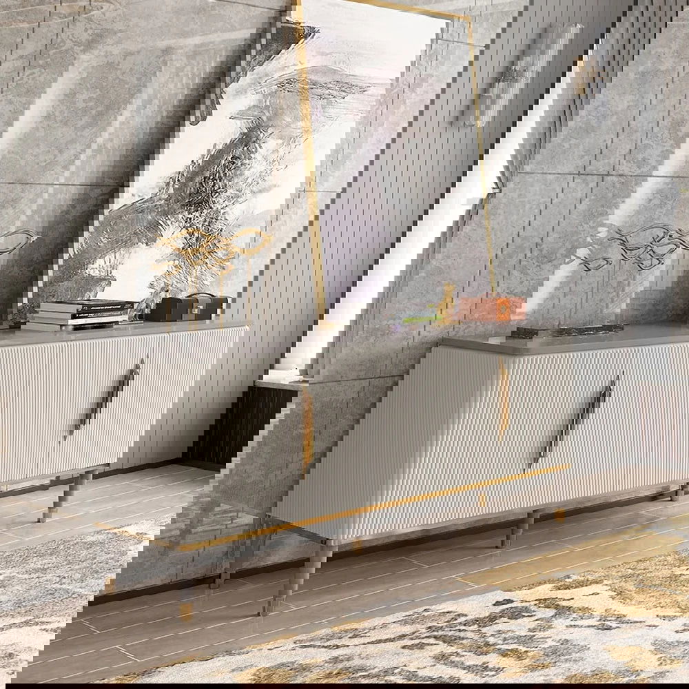 1600mm Off White Contemporary TV Stand 4 Doors & 4 Shelves Media Cabinet in Small - Homary