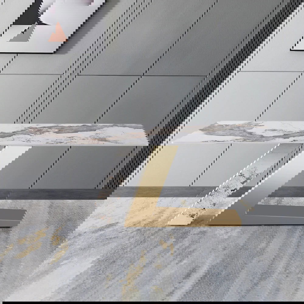 1600mm Rectangle Modern Sintered Stone Top Dining Table for 6 Stainless Steel Base in Gold - 