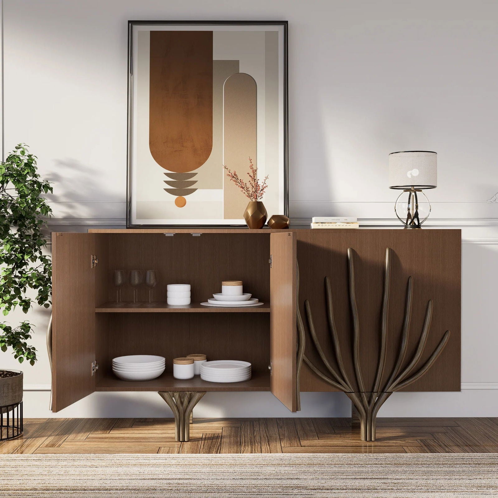 1600mm Sideboard Branch Design Mid Century Modern Buffet with 2 Doors 2 Shelves - 