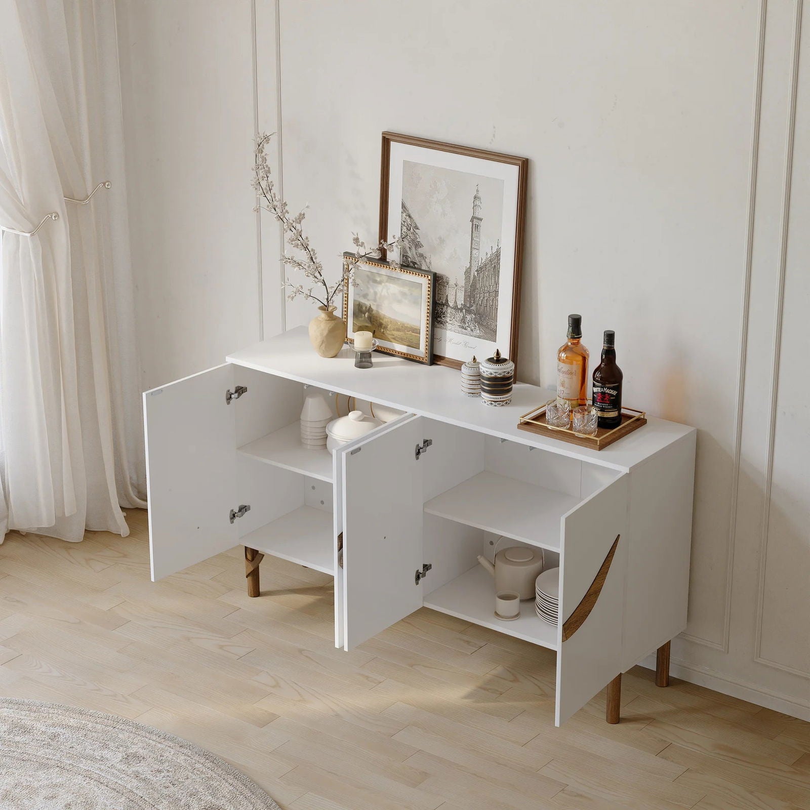 1600mm White & Walnut Sideboard Cabinet - 