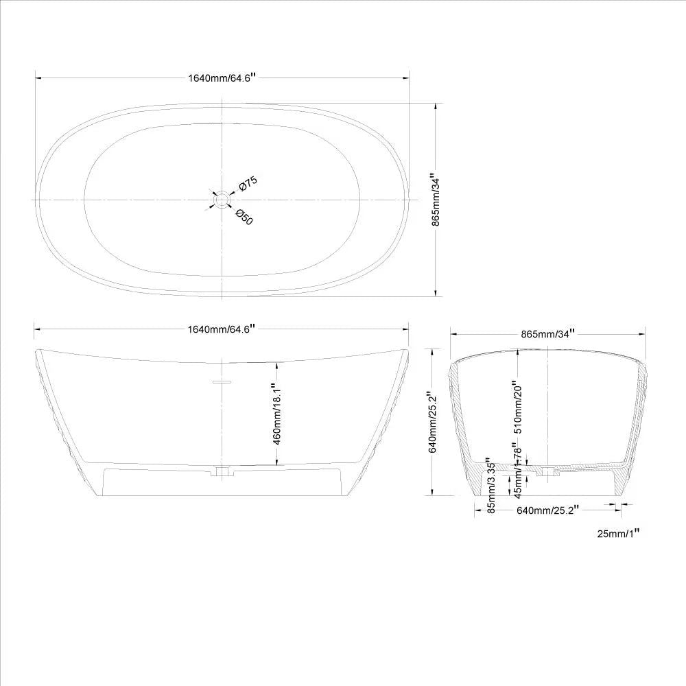 1640mm Diamond-Cut Freestanding Soaking Solid Surface Bathtub Bathtub - 