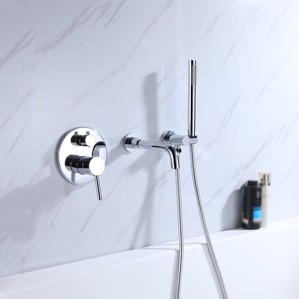 Stev Modern Wall-Mount Swivel Bath Filler Mixer Tap with Handshower in Polished Chrome