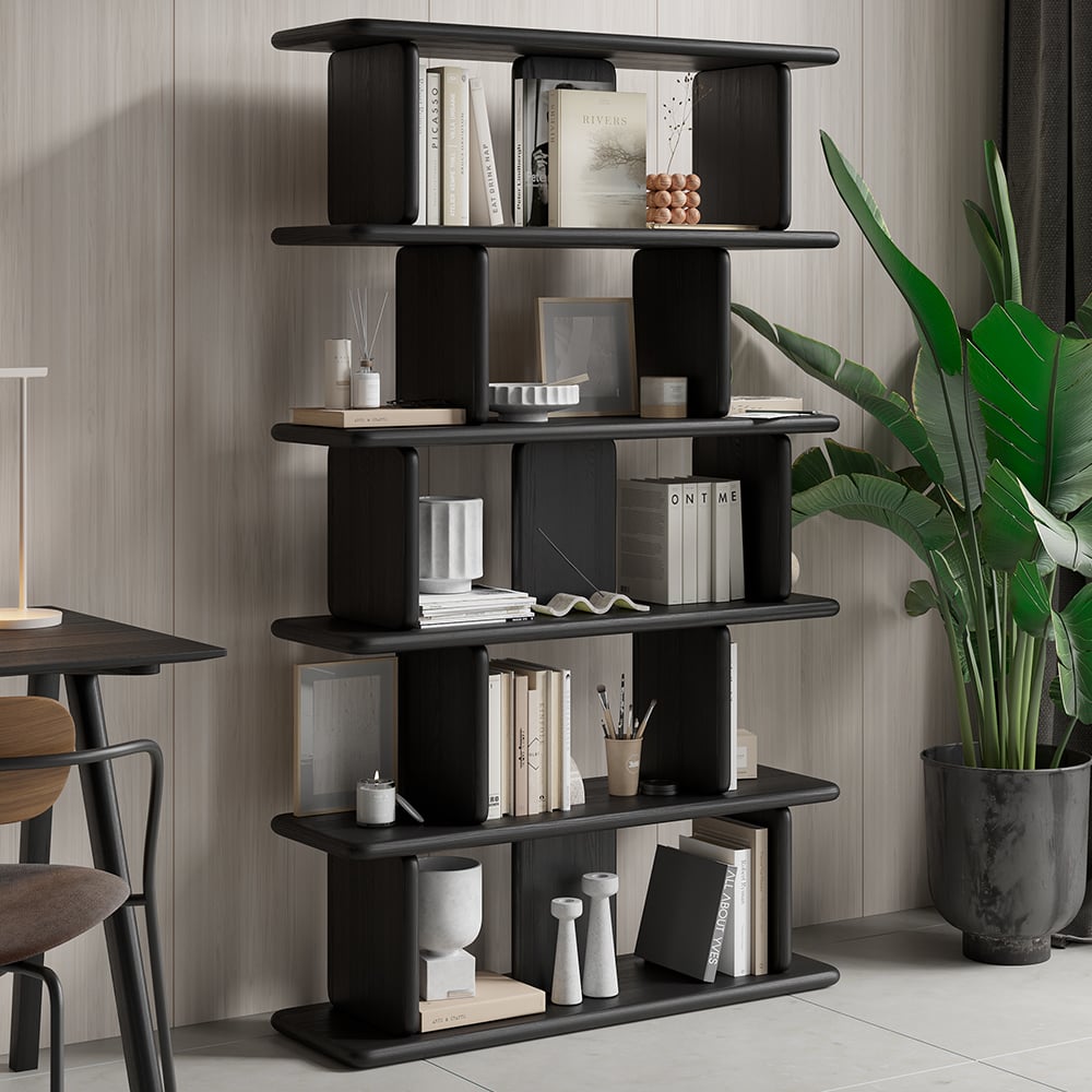 1700mm 5-Tier Black Wooden Bookshelf Japandi Etagere Geometric Bookcase Open Storage - 