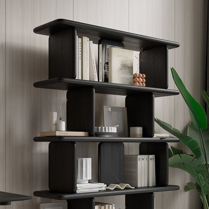 1700mm 5-Tier Black Wooden Bookshelf Japandi Etagere Geometric Bookcase Open Storage - 