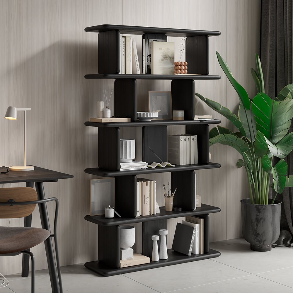 1700mm 5-Tier Black Wooden Bookshelf Japandi Etagere Geometric Bookcase Open Storage - 