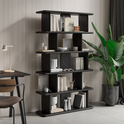 1700mm 5-Tier Black Wooden Bookshelf Japandi Etagere Geometric Bookcase Open Storage - 