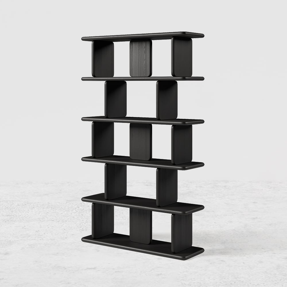 1700mm 5-Tier Black Wooden Bookshelf Japandi Etagere Geometric Bookcase Open Storage - 