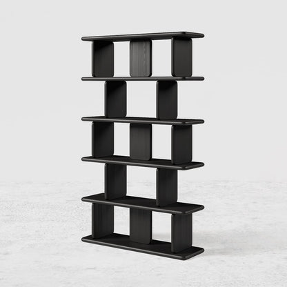 1700mm 5-Tier Black Wooden Bookshelf Japandi Etagere Geometric Bookcase Open Storage - 