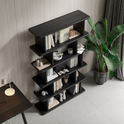 1700mm 5-Tier Black Wooden Bookshelf Japandi Etagere Geometric Bookcase Open Storage - 