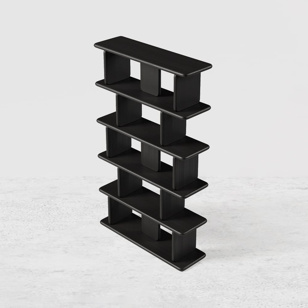 1700mm 5-Tier Black Wooden Bookshelf Japandi Etagere Geometric Bookcase Open Storage - 