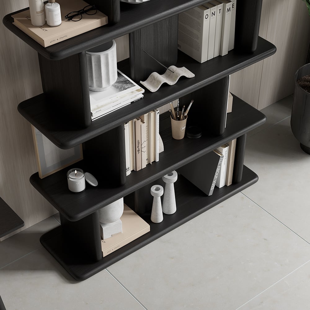 1700mm 5-Tier Black Wooden Bookshelf Japandi Etagere Geometric Bookcase Open Storage - 