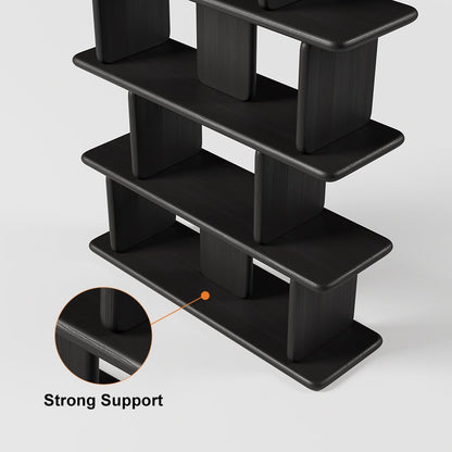 1700mm 5-Tier Black Wooden Bookshelf Japandi Etagere Geometric Bookcase Open Storage - 