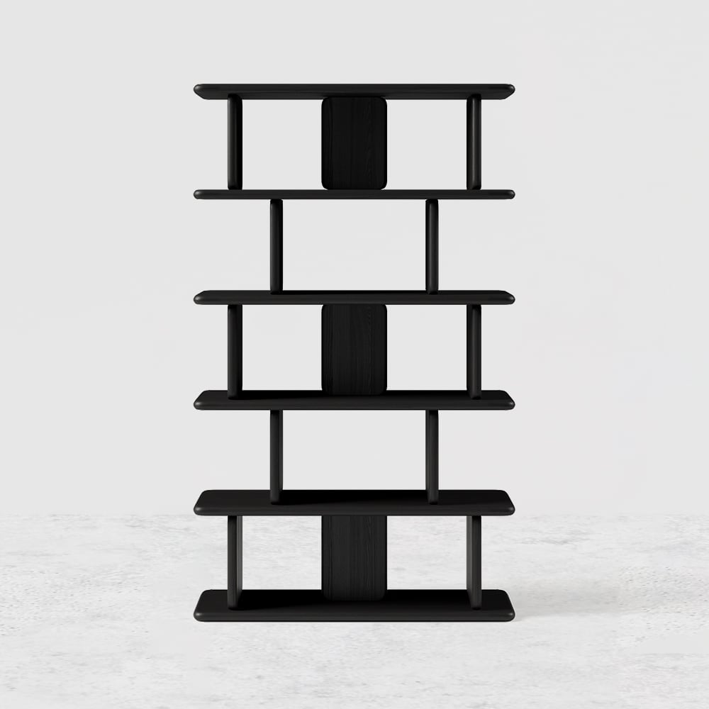 1700mm 5-Tier Black Wooden Bookshelf Japandi Etagere Geometric Bookcase Open Storage - 