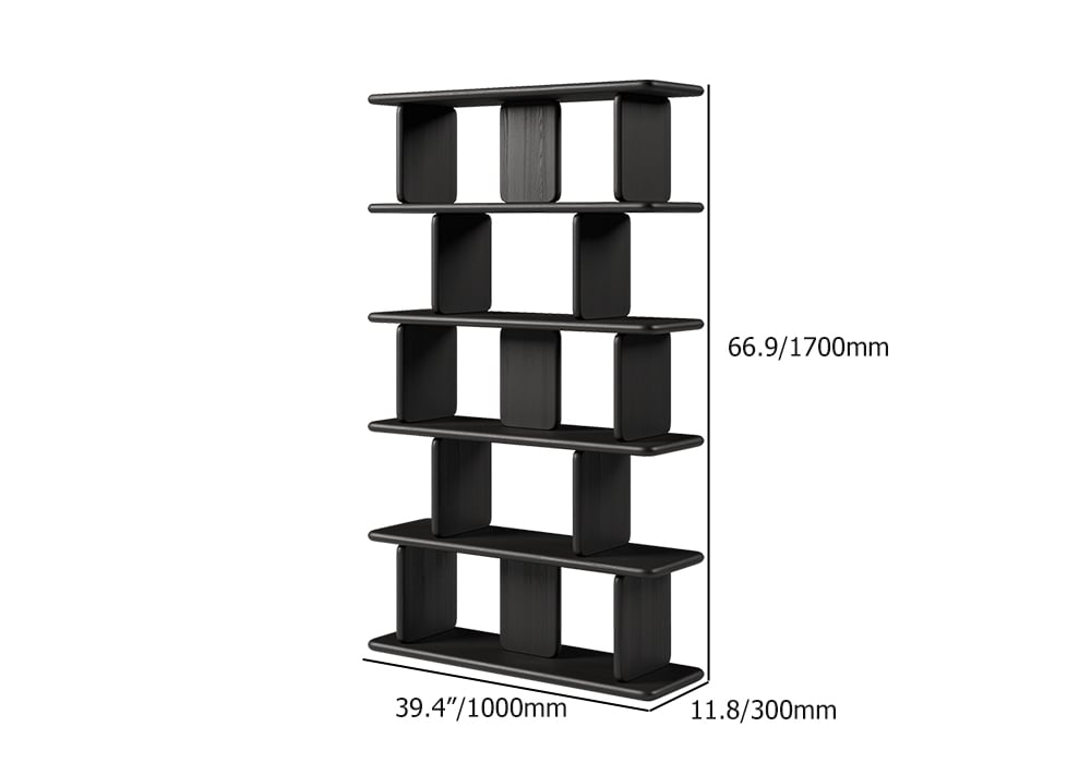 1700mm 5-Tier Black Wooden Bookshelf Japandi Etagere Geometric Bookcase Open Storage - 