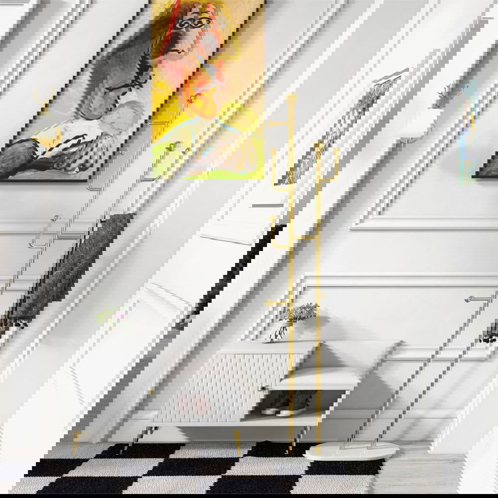 1700mm Gold Standing Coat Stand with 7 Hooks Faux Marble Base Hallway Clothing Stand - 