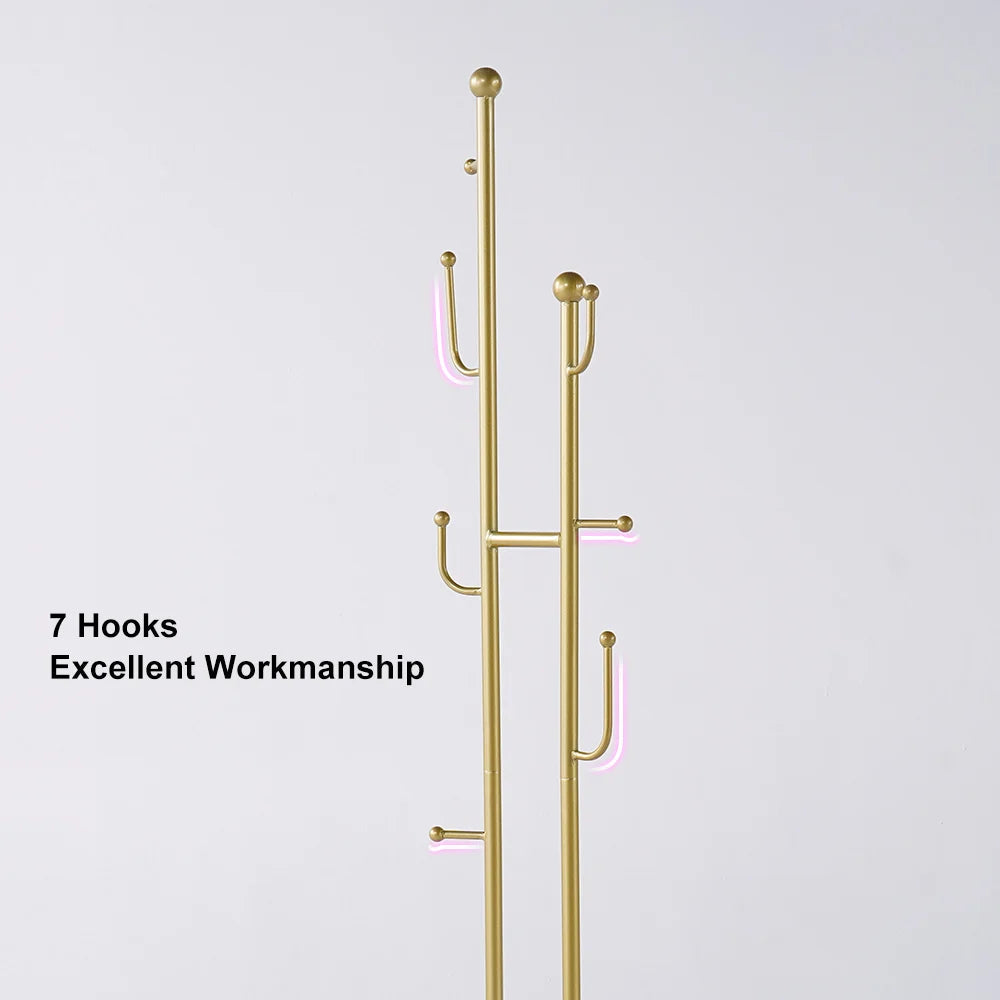 1700mm Gold Standing Coat Stand with 7 Hooks Faux Marble Base Hallway Clothing Stand - 