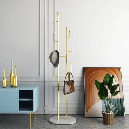 1700mm Gold Standing Coat Stand with 7 Hooks Faux Marble Base Hallway Clothing Stand - Homary