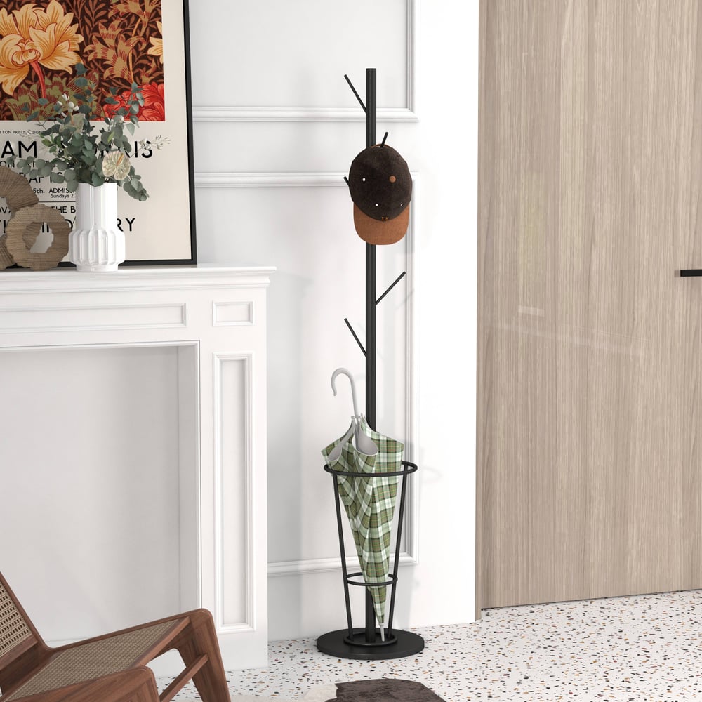 1700mm Hallway Metal Coat Stand with Umbrella Stand Base-Black - Homary