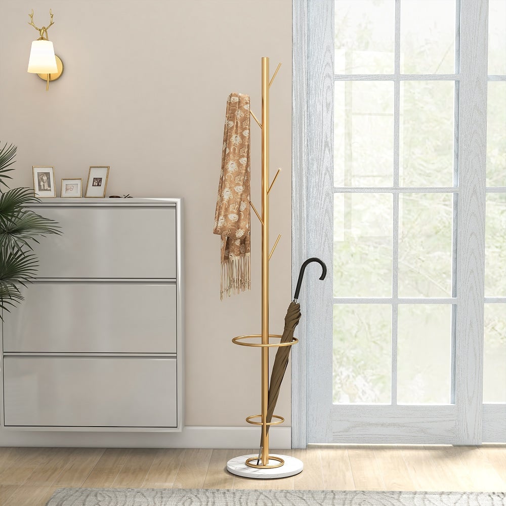 1700mm Hallway Metal Coat Stand with Umbrella Stand Base-Gold - 