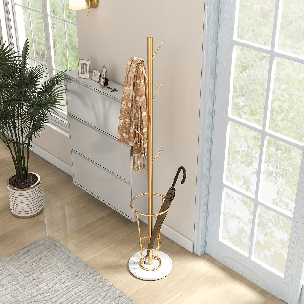 1700mm Hallway Metal Coat Stand with Umbrella Stand Base-Gold - 