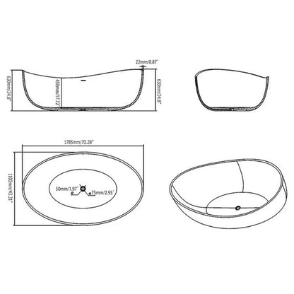 1785mm Contemporary Oval Freestanding Stone Resin Soaking Bath in Glossy White - 