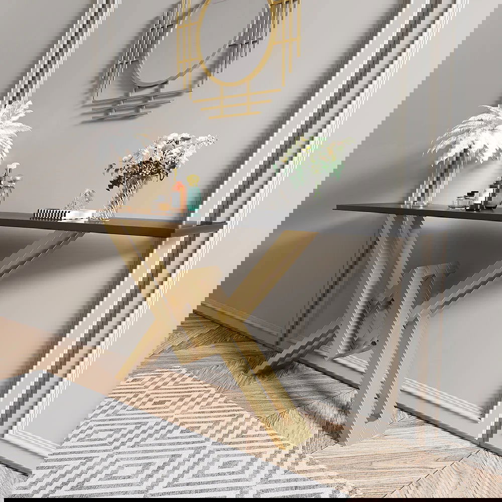 1800mm Black & Gold Narrow Console Table Accent Table For Hallway X Base Metal - 