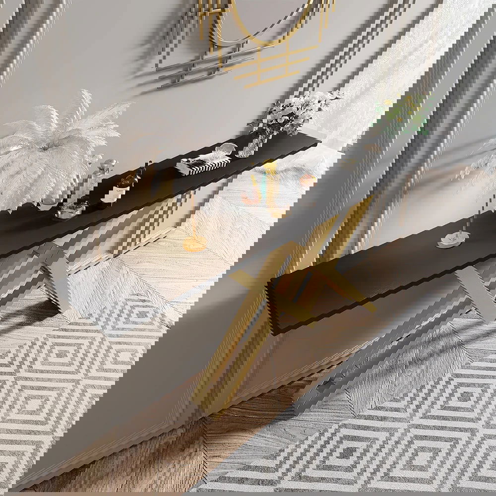 1800mm Black & Gold Narrow Console Table Accent Table For Hallway X Base Metal - 