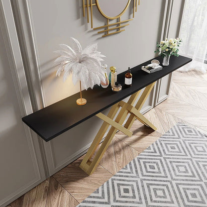 1800mm Black & Gold Narrow Console Table Accent Table For Hallway X Base Metal - 