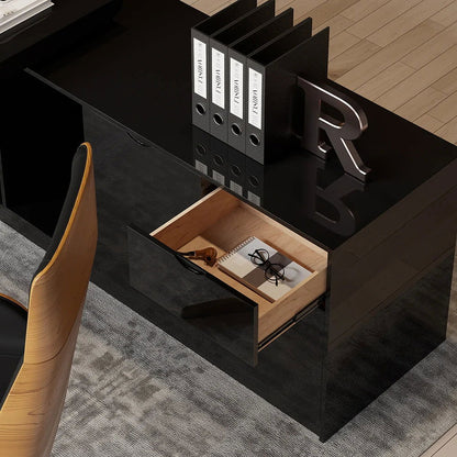 1800mm Black L-Shape Executive Desk Modern Drawers & Cabinet Large Desk Right Hand - 