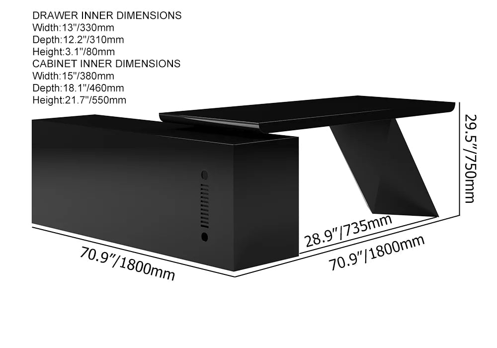 1800mm Black L-Shape Executive Desk Modern Drawers & Cabinet Large Desk Right Hand - 