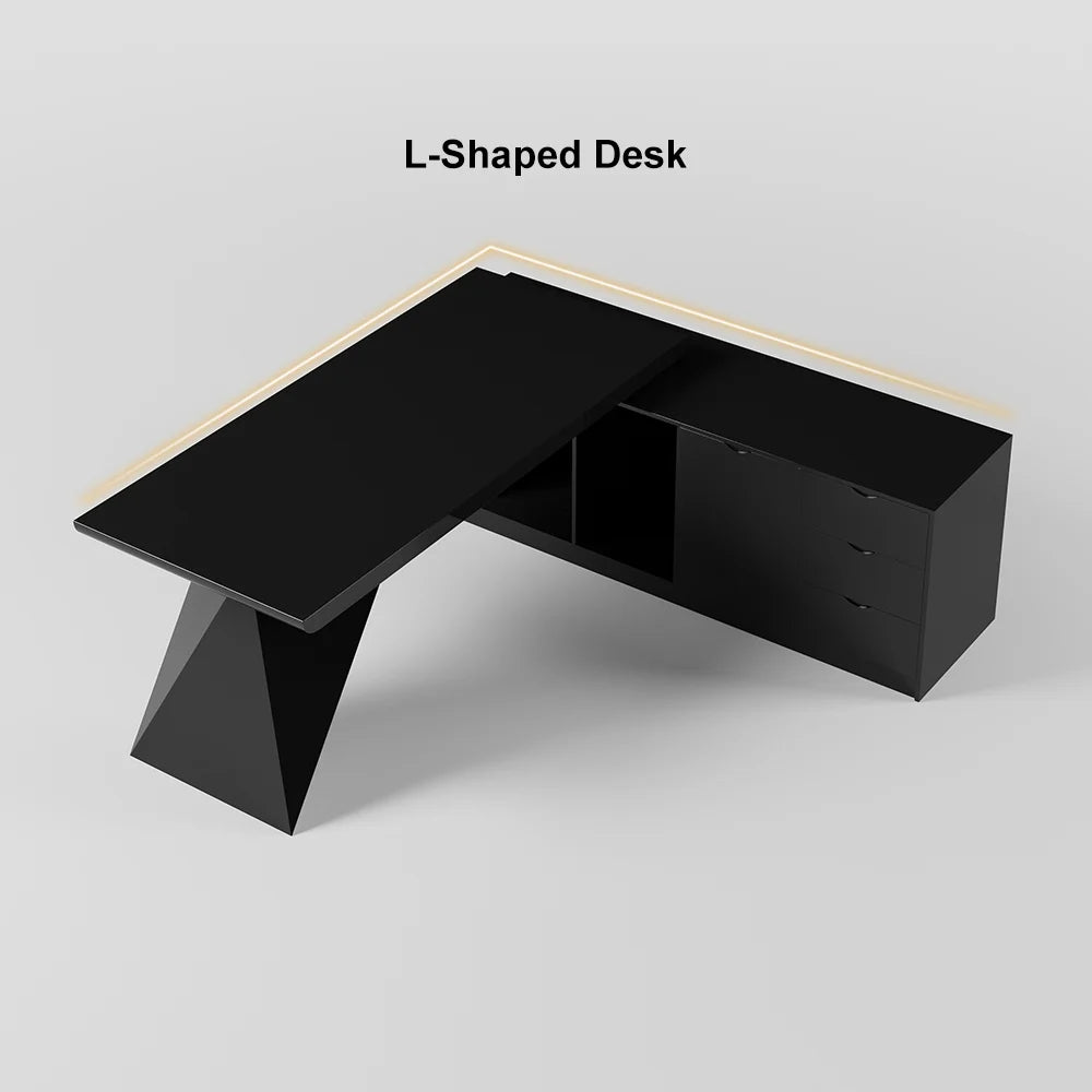 1800mm Black L-Shape Executive Desk Modern Drawers & Cabinet Large Desk Right Hand - 