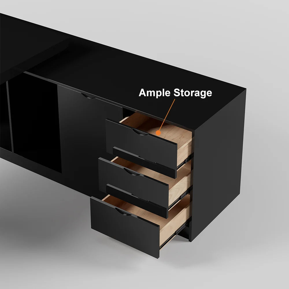 1800mm Black L-Shape Executive Desk Modern Drawers & Cabinet Large Desk Right Hand - 