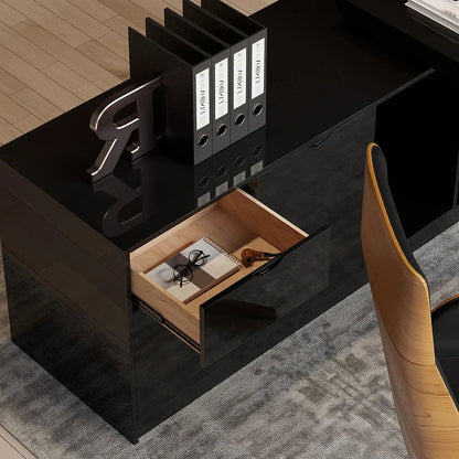 1800mm Modern Black L-Shape Executive Desk Drawers & Cabinet Large Office Desk Left Hand - 