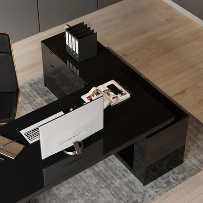 1800mm Modern Black L-Shape Executive Desk Drawers & Cabinet Large Office Desk Left Hand - 