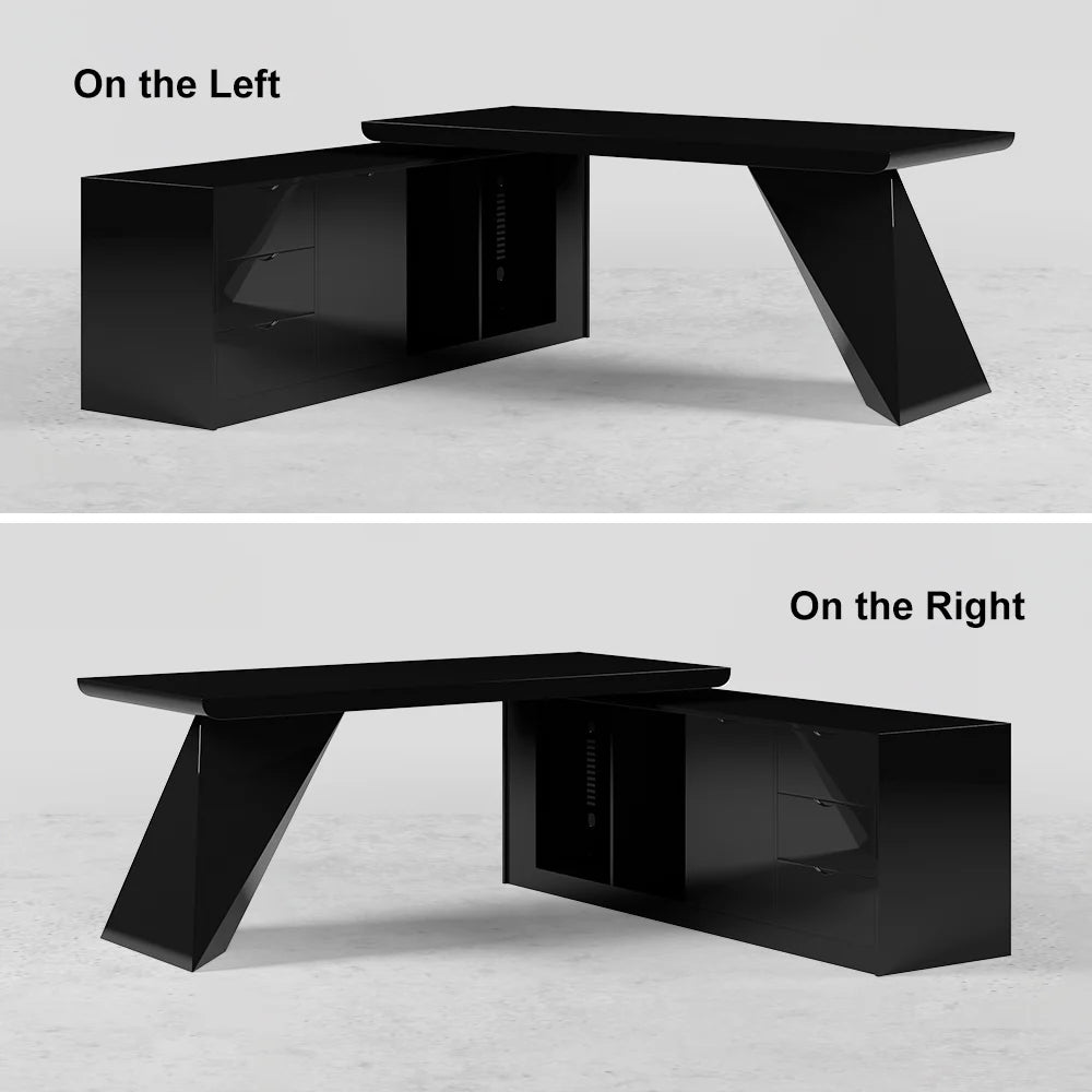 1800mm Modern Black L-Shape Executive Desk Drawers & Cabinet Large Office Desk Left Hand - 